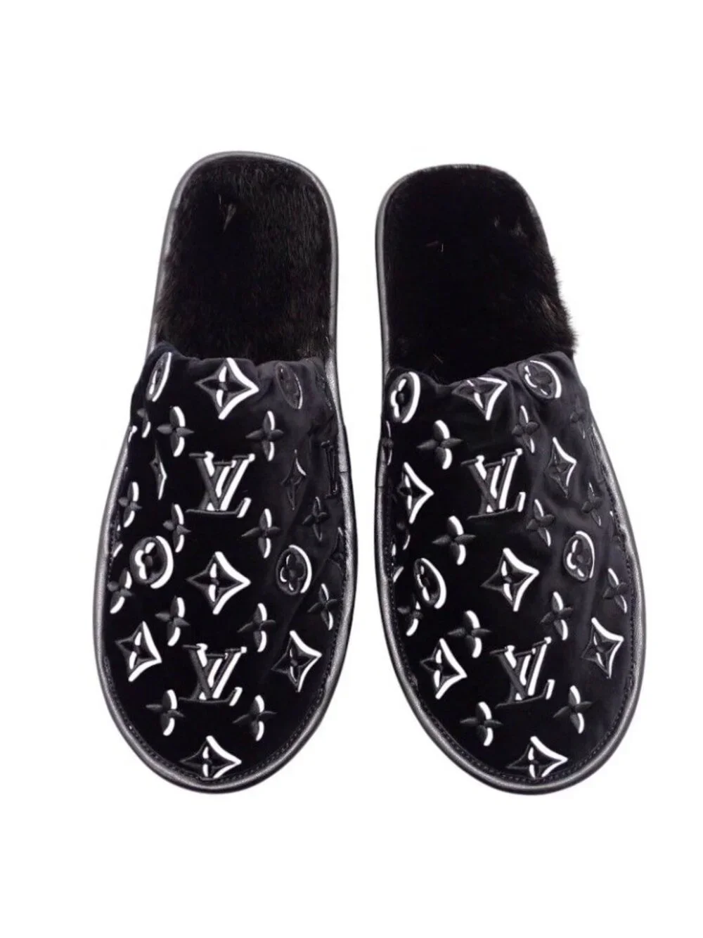 Louis Vuitton LV Suit Line Mules Slippers Room Shoes 42 Velvet Mink Black
